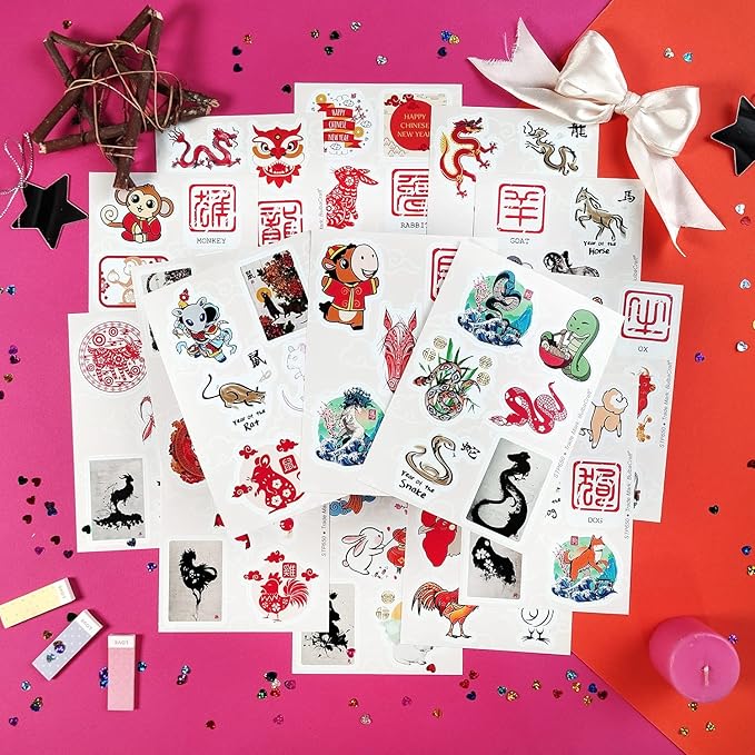 BulbaCraft 100Pcs Chinese New Year Stickers - Chinese Zodiac Stickers, Lunar New Year Decals, Gifts for Women & Men