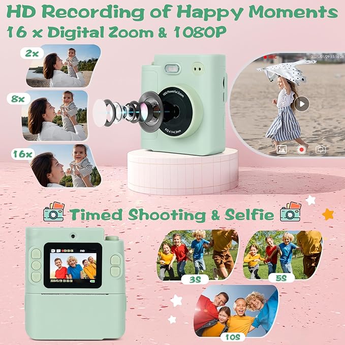 Kids Camera Instant Print, 1080P HD Dual-Lens Selfie Digital Camera with 5 Printing Paper Rolls & 32G TF Card, for Children, Portable Toddler Toy for Age 3-12 Boys & Girls (Mint Green)