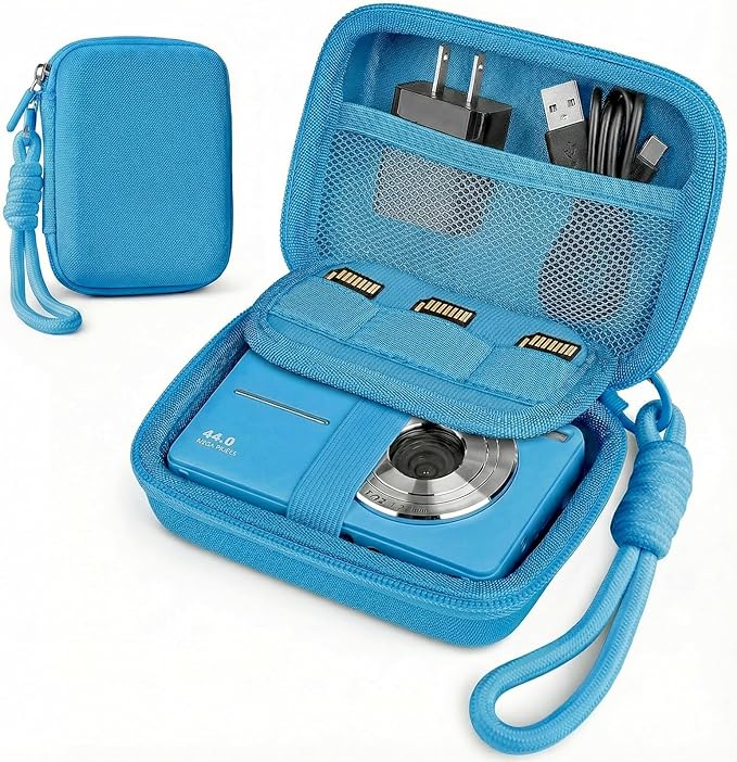 Digital Camera Case for CAMKORY/KODAK PIXPRO FZ45/FZ55/Canon IXUS 285 HS/AbergBest/Sony DSCW800/DSCW830 - Small Travel Compact Camera Holder with Mesh Pocket for SD Card & Accessories (Sky Blue)