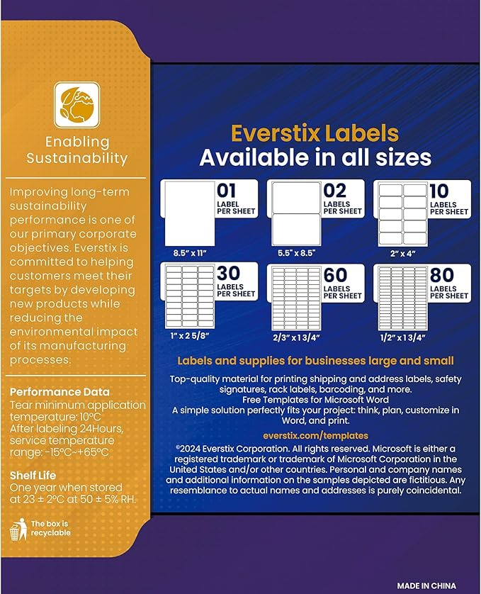1/2" x 1-3/4", 100 Sheets, 8000 Return Address Labels for Laser & Inkjet Printers, Letter Size