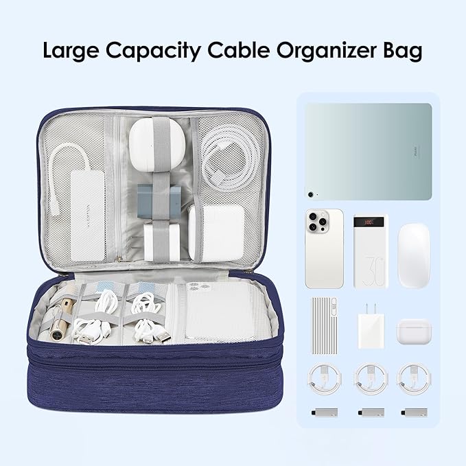 LENTION Cable Electronics Organizer Bag Pouch, Travel Accessories Carry Case Portable Bag Waterproof Double Layers All-in-One Storage Bag Carrying for Cord, Charger, Power Bank, Earphone Blue