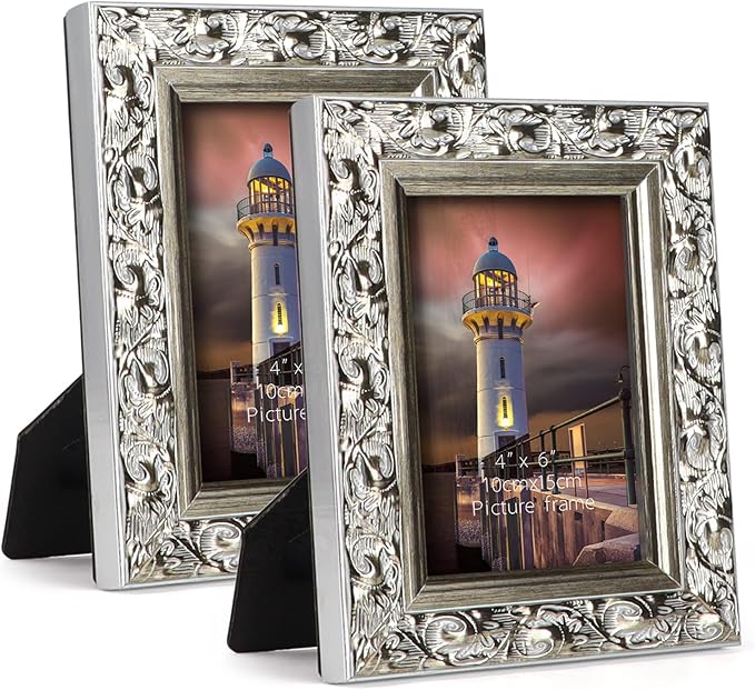 Edenseelake 4x6 Picture Frame Set of 2, Vintage Photo Frame with Carved Retro Pattern for Tabletop and Wall Decoration, Silver