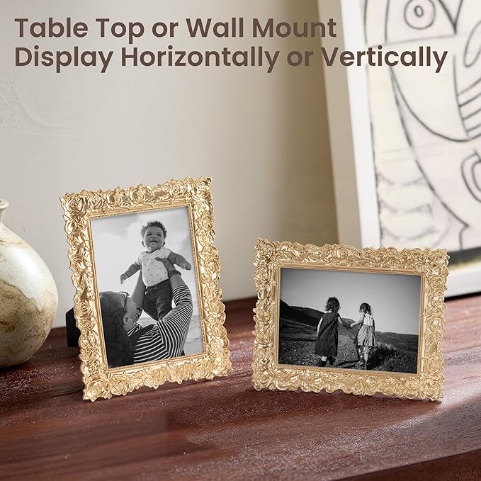 Axeman Gold Vintage Frames 5x7 | Antique 5 x 7 Picture Frame with Real Glass | Ornate Rose 5x7 Frame for Wall & Tabletop Display | Gold 5 by 7 Frames