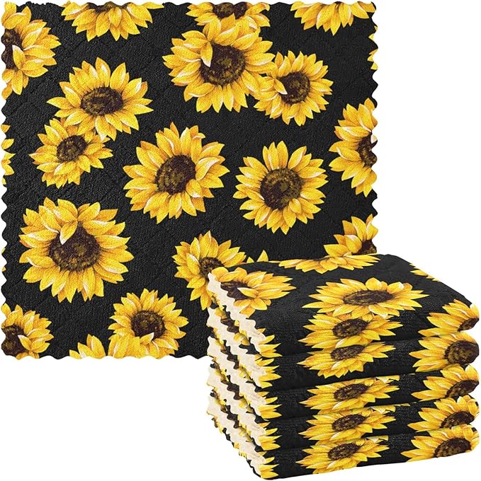 CaTaKu Vintage Sunflowers Microfiber Reusable Cleaning Cloths Kitchen Dish Cloths Dish Rags for Washing Dishes, Sunflower Dish Towels Washcloths for Kitchen Drying, 6 Pack