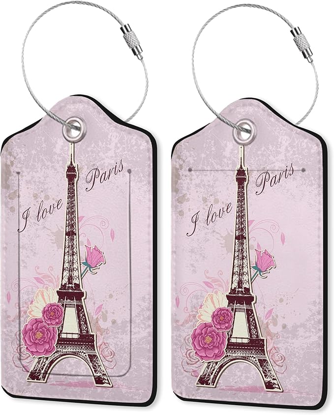 2 Pack Leather Luggage Tag for Suitcase Paris Tower I Love Paris Unique Travel Tags with Privacy Cover ID Label & Stainless Steel Loop for Men and Women Baggage