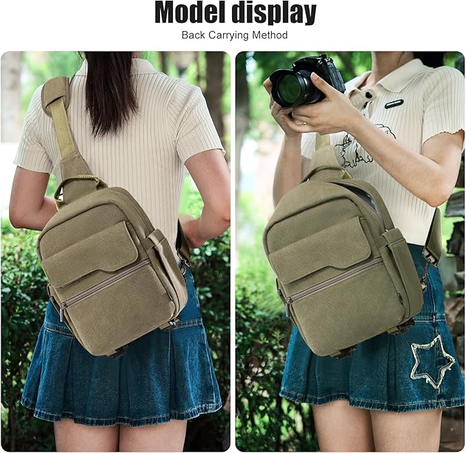 Cwatcun Camera Sling Bag Compact Large Camera Case, Waterproof Canvas Crossbody Camera Bag with Rain Cover, Travel Photography Bag for Canon Nikon Sony Fuji DSLR/SLR/Mirrorless Cameras, Lens, Green