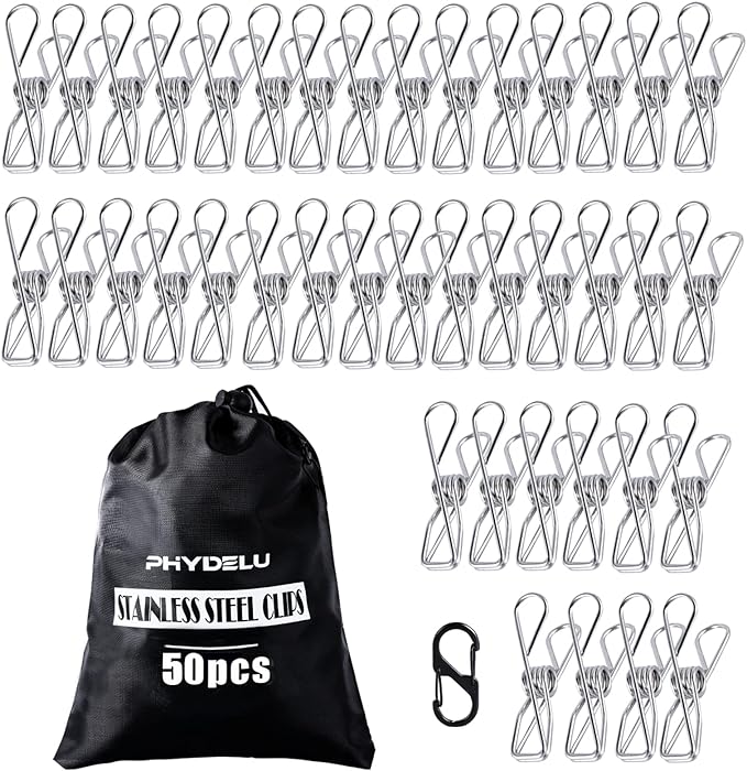 (50PCS) Stainless Steel Laundry Clothes Pins Heavy Duty Outdoor, Clothespins for Hanging Clothes, Metal Clips, Metal Snack Bag Chip Clips for Food Packages, Mini Clothes pins