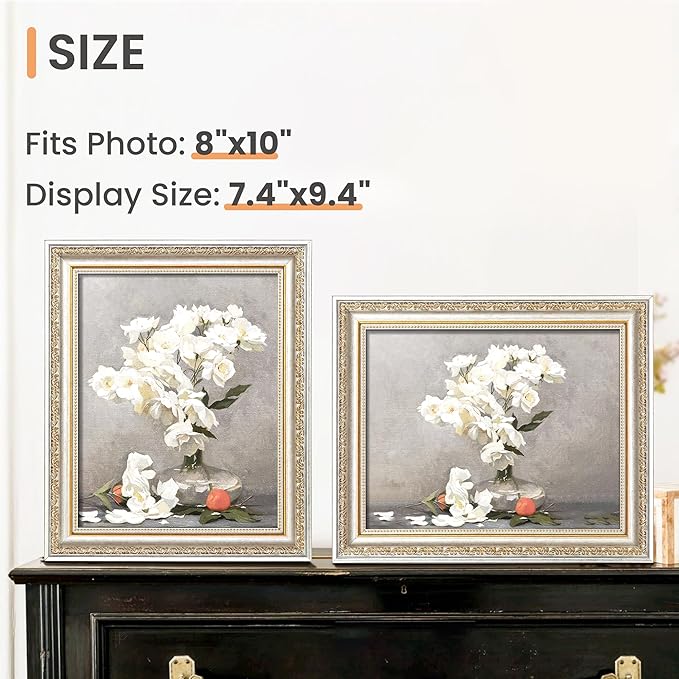 upsimples 8x10 Picture Frame with Real Glass, Ornate Vintage 8 x 10 Photo Frames for Wall Decor or Tabletop Display, White and Gold, 2 Pack