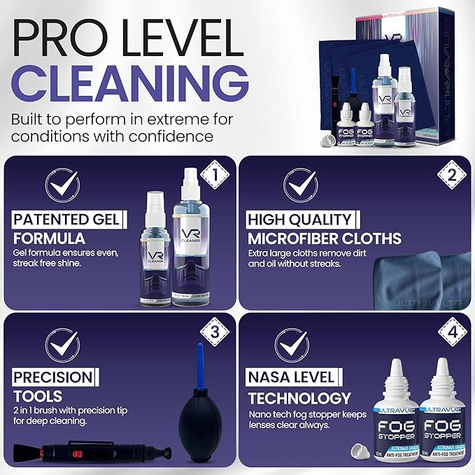 UltraVue VR Cleaning Kit and Anti-Fog Treatment - Includes VR Cleaner Gel Sprays, Microfiber Cloths, Anti Fog Drop Treatments, Brush and Air Bladder with Precision Nozzle