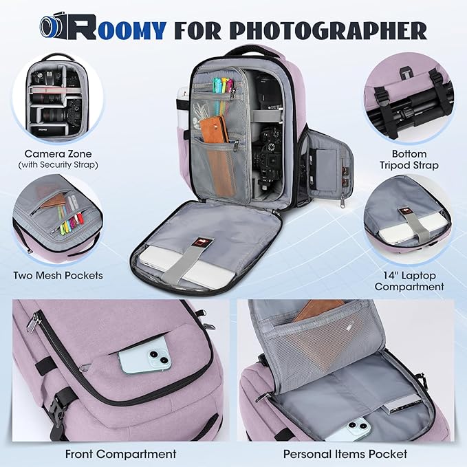 Camera Backpack Camera Bag for Photographers DSLR SLR Mirrorless Camera Cases with Waterproof Rain Cover & Laptop Compartment Fits 14 Inch Laptop,Anti Theft Travel photography backpack,Pink