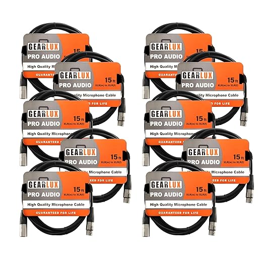 Gearlux XLR Microphone Cable, Fully Balanced, Male to Female, 15 Feet - 10 Pack
