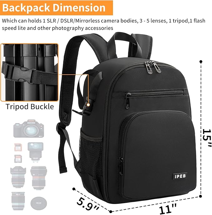 IPEB Camera Backpack for DSLR/SLR/Mirrorless Bag Professional Waterproof Camera Case 11"X5.9"X15" for Photographers Grey Black Orange