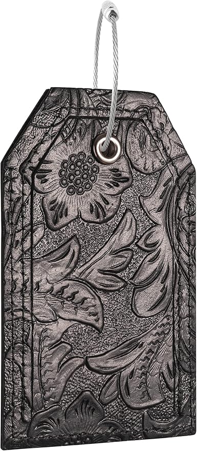 Genuine Leather Set of 2 Luggage Tag with Full Back Privacy Name ID Card Stainless Steel Loop Suitcase Labels Identifiers Baggage Tags Luggage for Women Men Travel (Black Flower)