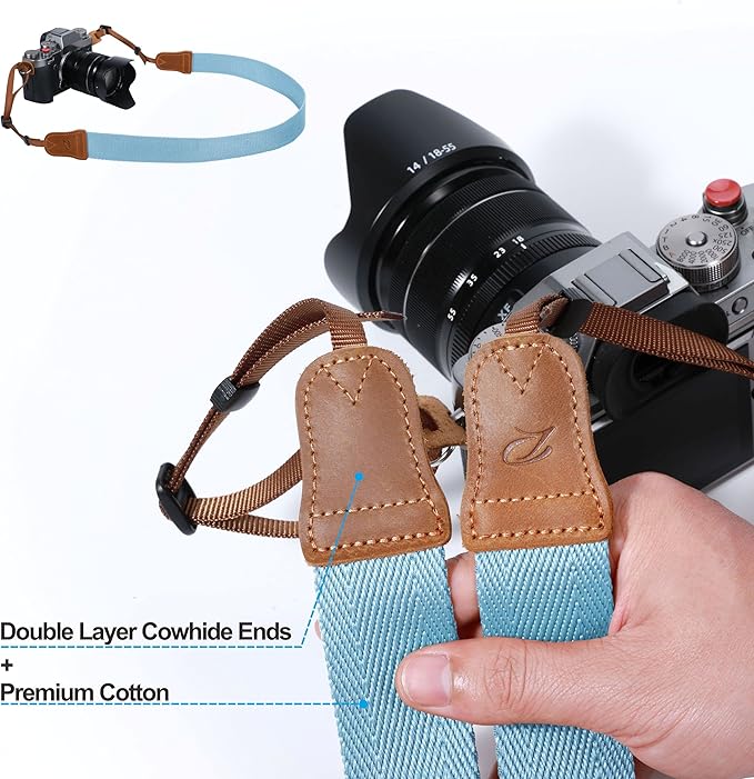 Padwa Lifestyle Light Blue Camera Strap - Double Layer top-grain Cowhide Ends,1.5"Wide Pure Cotton Woven Camera Straps,Adjustable Neck Shoulder Strap for All DSLR Cameras,Great Gift for Photographers