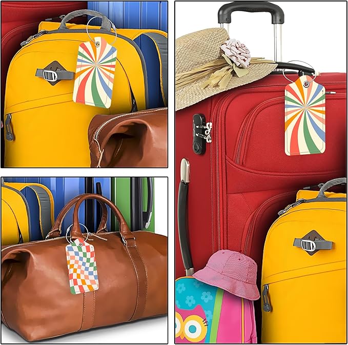 Set of 2 Luggage Tags for Suitcases, Leather Abstract Colorful Twisted Checkered Baggage Tags with Stainless Steel Loop, Privacy Name ID Card Cover Travel Labels for Women Men Kids Girls