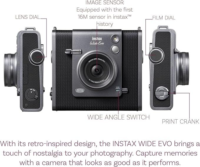 Fujifilm Instax Wide Evo Hybrid Instant Film Camera Bundle with Compatible Carrying Case + 32GB Memory Card + Cleaning Cloth + More