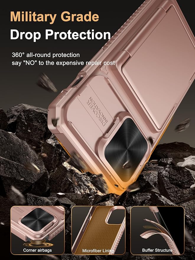 Vihibii for iPhone 14 Pro Max Case with Card Holder (4 Cards), [RFID Blocking] & Slide Lens Camera Cover, Military Grade Drop Protection, Rugged Heavy Duty Wallet Phone Case, 6.7" 2022, Rose Gold