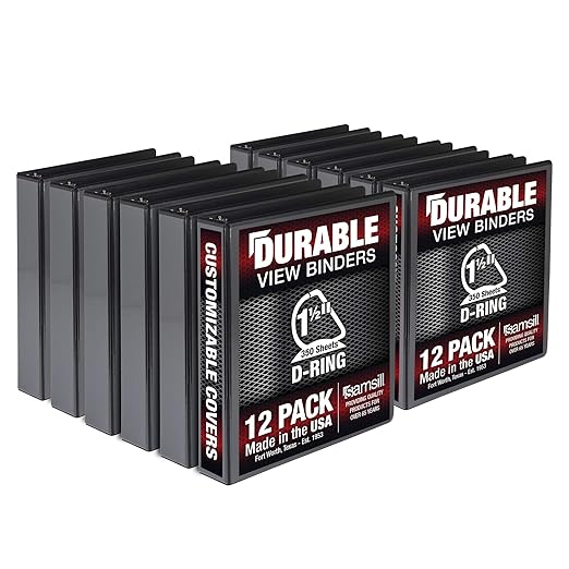 Samsill Durable 1.5 inch 3 Ring Binder, Made in USA, D Ring Binder, FSC 100% Recycled Chipboard, Black, 12 Pack
