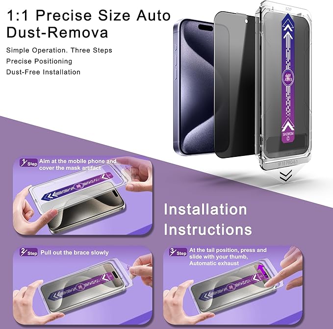 CHISHA 2-Pack Privacy Screen Protector for iPhone 15 Pro 6.1-Inch, Auto Dust Removal, No Bubbles,Anti-Spy Tempered Glass Film, Easy Installation