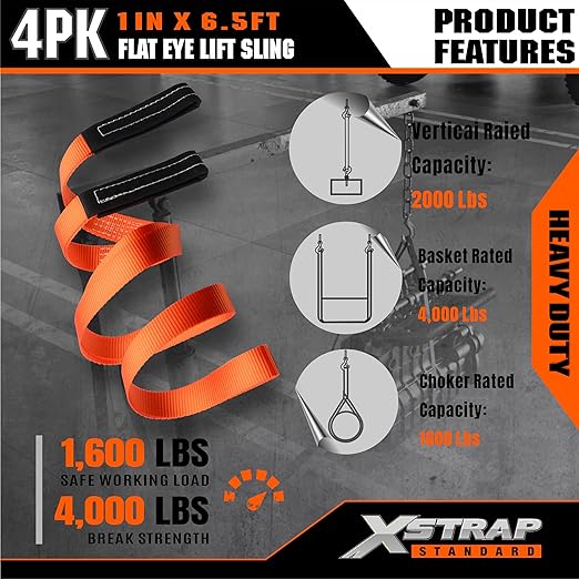 XSTRAP STANDARD 4PCS 1" x6.5ft Lifting Sling 1-Ply Red Web Strap, 2000 LBS Vertical (907 KG), 1600 LBS Choker (725 KG), 5:1 Safety Factor, Twist Eye Polyester Slings for Rigging Hoist Recovery Tree