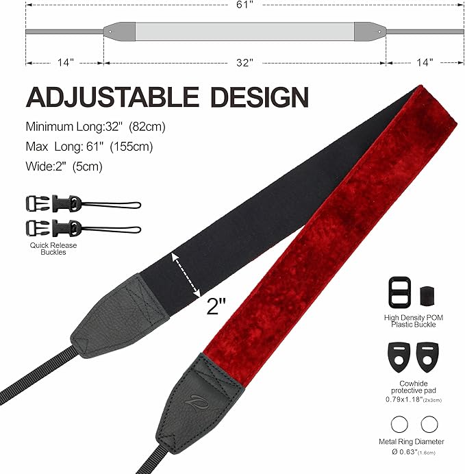 Padwa Lifestyle Velvet Camera Strap - 2" Double Layer Full Grain Cowhide Leather Head Camera Straps for Photographers,Unique Soft Velvet Fabric with Quick Release fits all Cameras - Ruby Red