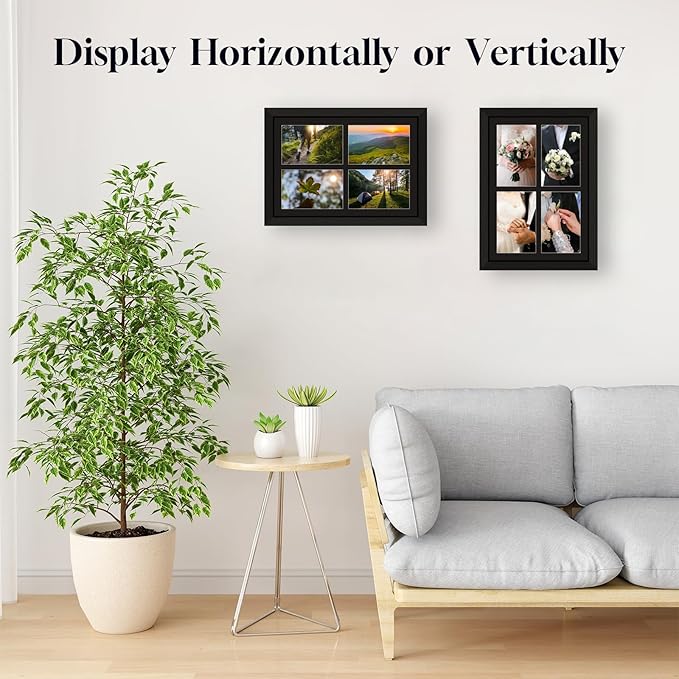 4x6 Photo Collage Frame 4 Openings, 9.5"x13.5" Multi Picture Frame Collage 4"x6" Gallery Wall Decor Wooden, Black Frame with Black Mat, Wood