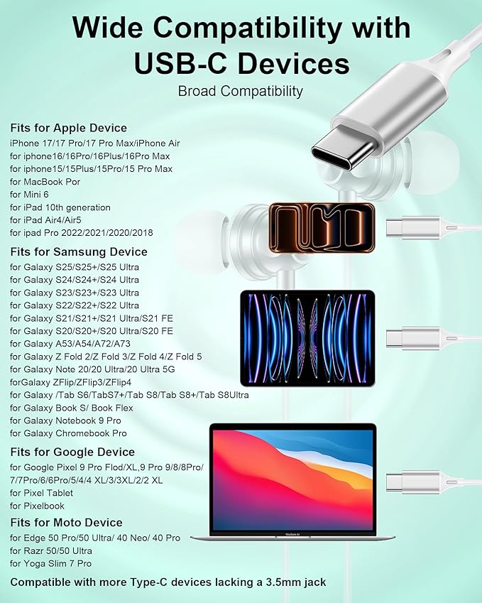 USB C Wired Ear Buds Earbuds for iPhone 17 16 15 Pro Max Air 16e Plus,in-Ear Earphones,USBC Headphones Wired Type C Earbuds Earphones for Samsung Galaxy S25 S24 A16 A17, Google Pixel, OnePlus, iPad