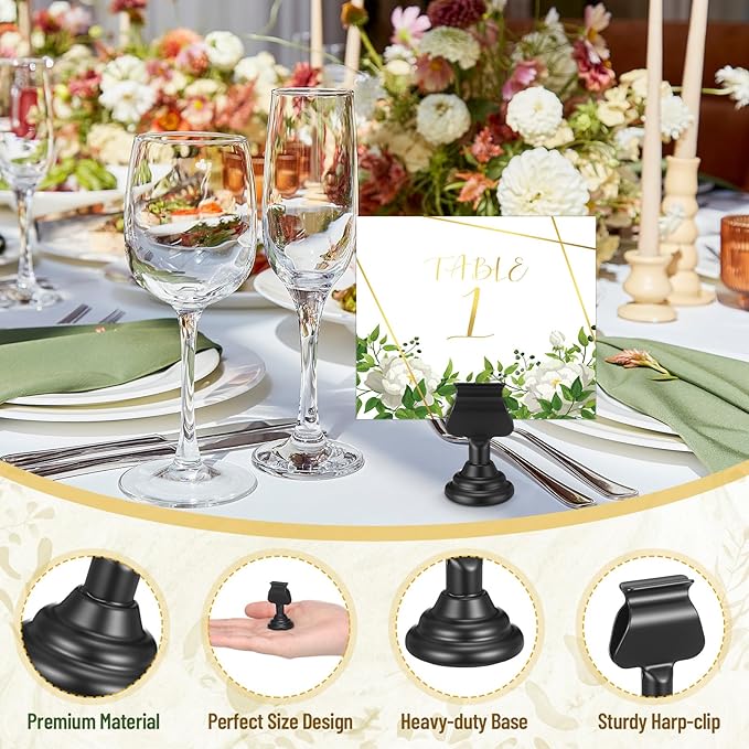 Kathfly 12 Pcs Table Number Holders 1.7 Inch Black Mini Place Card Holders Bulk Harp-clip Table Sign Stands Card Holder Display Picture Memo Notes Menu for Weddings Restaurants Birthday Decor