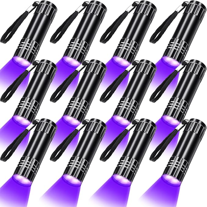 Riakrum 12 Pcs UV Blacklight Flashlights LED Handheld Mini Light Flashlight Small Portable Detector 395nm 9 LED Light for Pet, Carpet Dry Stains Detection, Spot Scorpions, Resin Curing (Black)