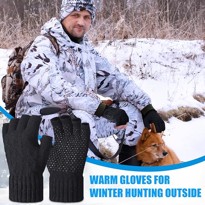 Geyoga 2 Pairs Wool Fingerless Fishing Gloves for Men Women Anti-Slip with Grip Dots Warm Winter Fly Ice Fishing Gloves