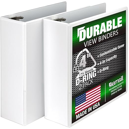 Samsill Durable 4 inch 3 Ring Binder, Made in USA, D Ring Binder, FSC 100% Recycled Chipboard, White, 2 Pack