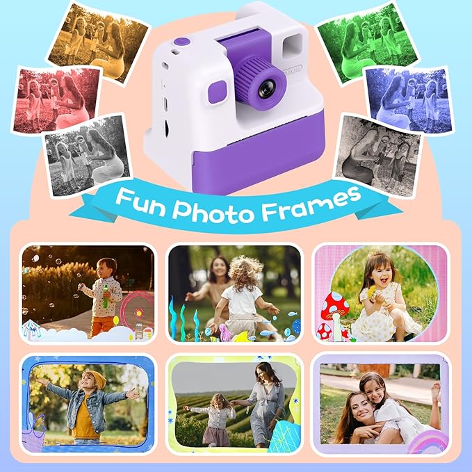 Kids Camera Instant Print, Christmas Birthday Gifts for Girl Boys 3-12 Years Old, FHD Selfie Digital Video Cameras Toddler 3 Rolls Print Paper & 32G Card (Retro, Purple-White)