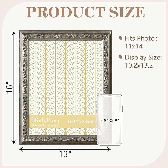 VIOLABBEY 11x14 Sliver Picture Frame, Vintage Photo Frames Ornate without Mat for Tabletop or Wall Hanging