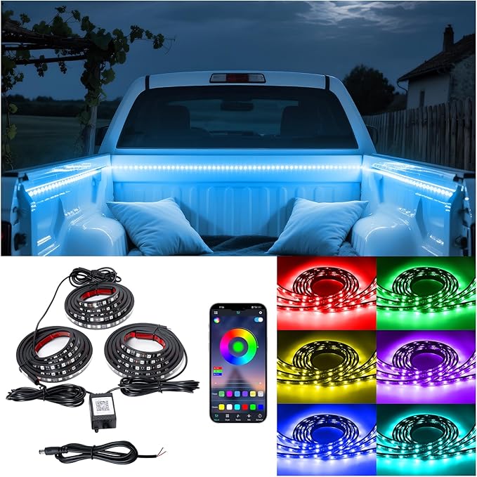 3PCS 60" RGB Truck Bed Light Strip Kit Remote Controlled Color Changing LED Bars with Music Sync, IP67 Waterproof for Pickup Trucks, SUVs, RVs & Boats