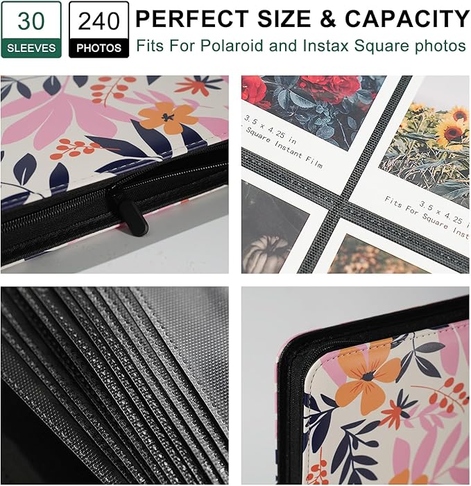 240 Pockets Portable Binder Photo Album Book For i-Type Square Polaroid Photos and Instax Wide Film Pictures (Exotic Floral)