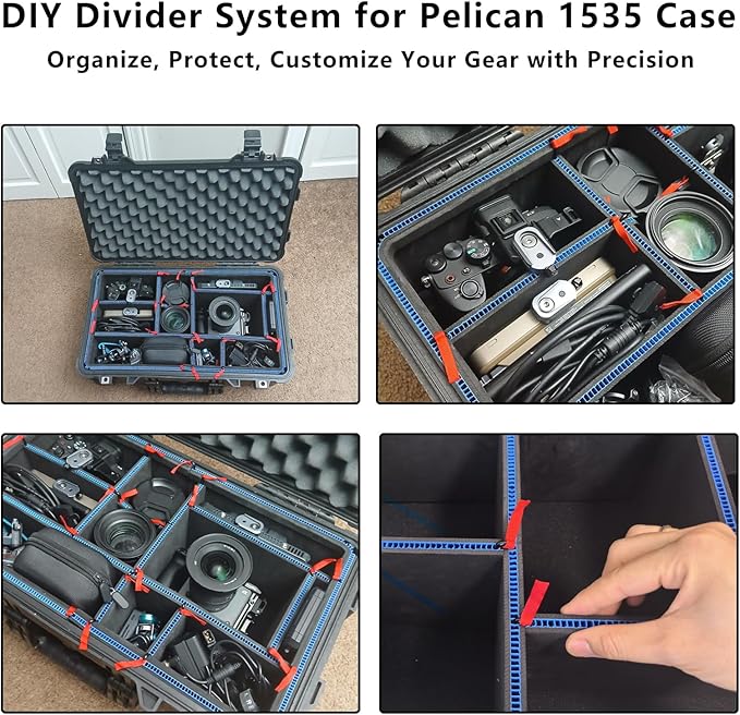 LAFENLIN UPGRADE DIY Divider System for Pelican 1535 Case, Customizable Organizer with U-Clips & Red Pull Tabs, Secure Foam Inserts for Tools, Camera, Medical, Tactical Gear (Case NOT Included)