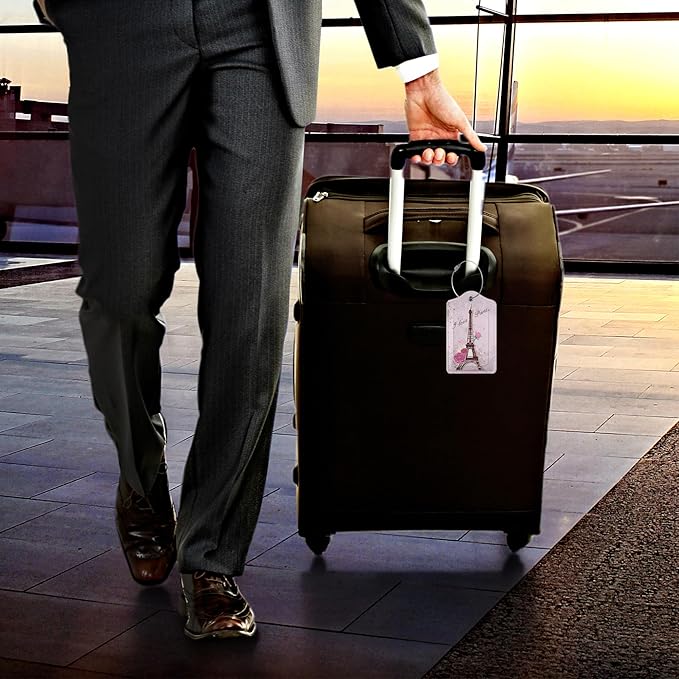 2 Pack Leather Luggage Tag for Suitcase Paris Tower I Love Paris Unique Travel Tags with Privacy Cover ID Label & Stainless Steel Loop for Men and Women Baggage