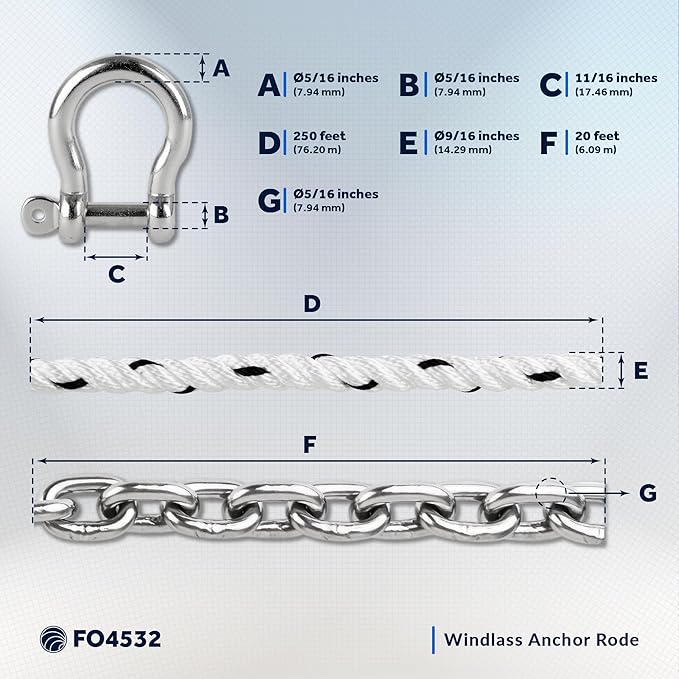 Five Oceans Windlass Anchor Rode, Hand-Spliced Anchor Rope and Chain Combination Kit, Nylon 3-Strand Rope, HT G4 Stainless Steel Chain for Boat Anchor System - Multiple Sizes