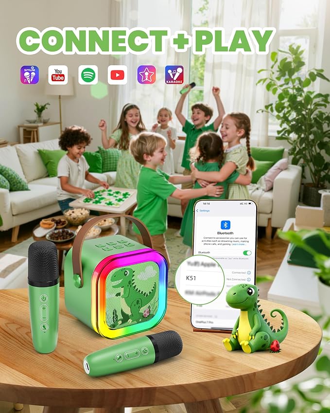 Mini Karaoke Machine for Kids Girls & Boys - Portable Bluetooth Speaker with 2 Wireless Microphones - Kids Birthday Gifts for Ages 4-10 - Dinosaur