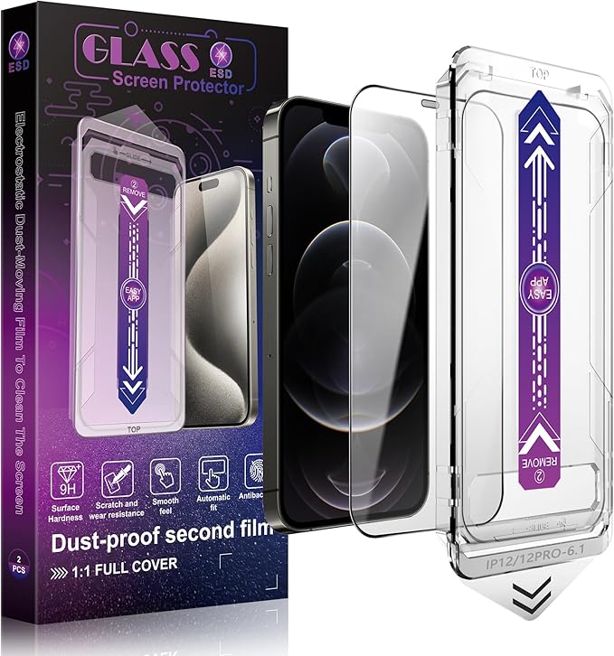 SHANG PIN JIA 2 Pack Screen Protector Tempered Glass for iPhone 12 and iPhone 12 Pro 6.1-Inch Auto Dust Removal, No Bubbles, High Definition Clear, Easy Installation