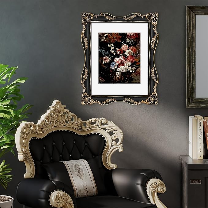 Black 11x14 Vintage Picture Frame with Mat for 8x10 or 11x14 Photos, Real Glass, Gothic Ornate Baroque Victorian Frames for Wall Hanging
