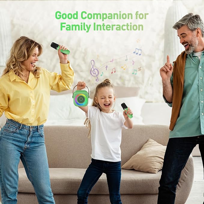 Mini Karaoke Machine：Portable Bluetooth Karaoke Microphone, Singing Speaker with 2 Wireless Mic and Light Kids Adults, Christmas Birthday Gifts for Girls Boys Family Home Party(Green)