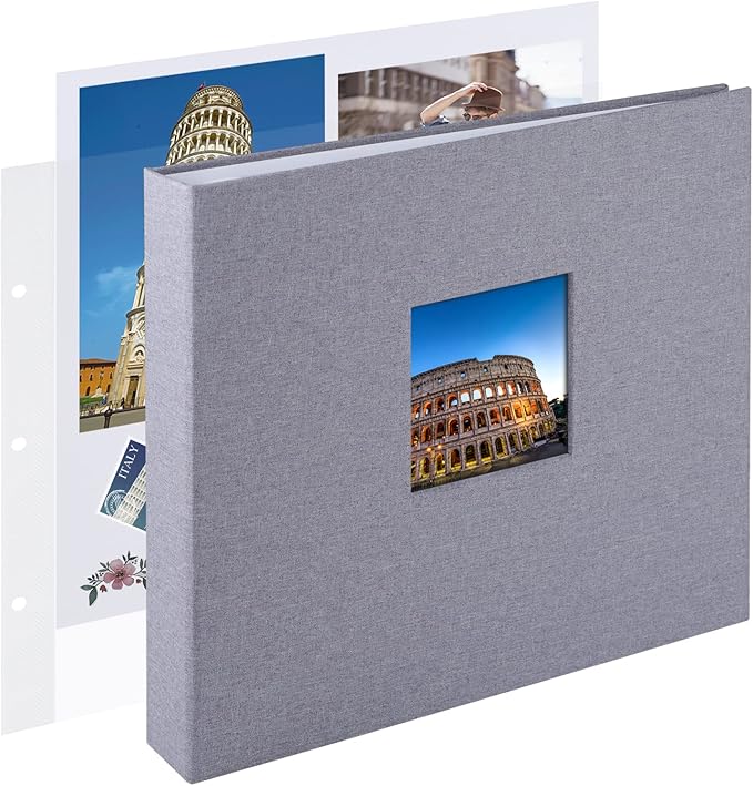 1DOT2 10x10 Inch 3 Ring DIY Scrapbook Photo Album Journal with 30 Plastic Sleeves 60 Pages and Fabric Cover for Baby Travel Wedding Couple Anniversary kids Adventure (Gray Cover/White Pages)