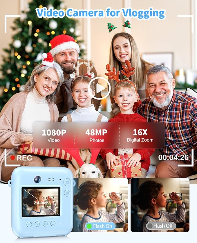 Digital Camera for Kids Instant Print, 48MP Dual-Lens Kids Camera for Girls Boys Christmas Birthday Gifts, 1080P Video Selfie Instant Cameras, Portable Toddler for 4-12 Years with 32GB Card-Blue