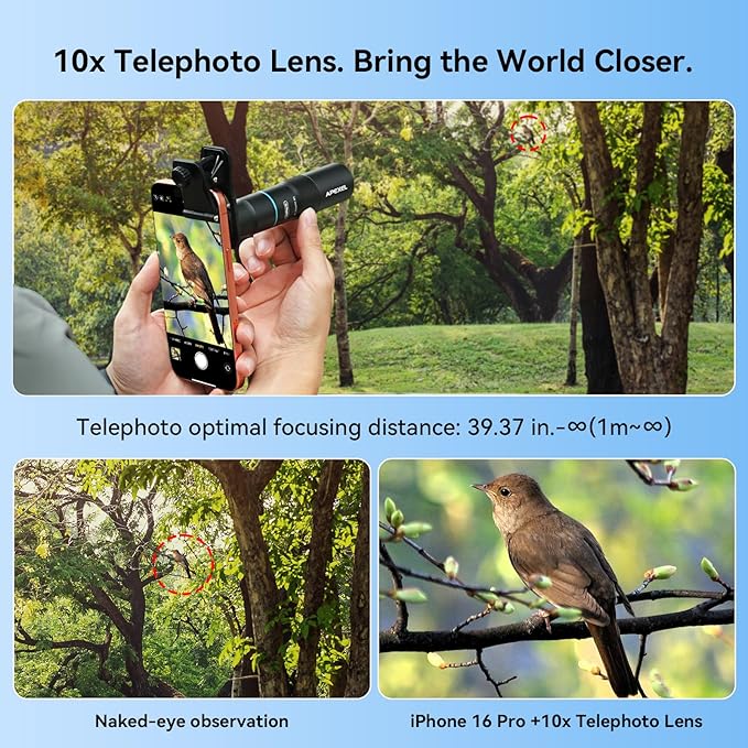 APEXEL 10X Tele-Macro Pro Dual Lens 2-in-1, Portable Clip-On Telephoto Macro Lens for 16 pro, Pro Photography for Travel, Concert, Exploration