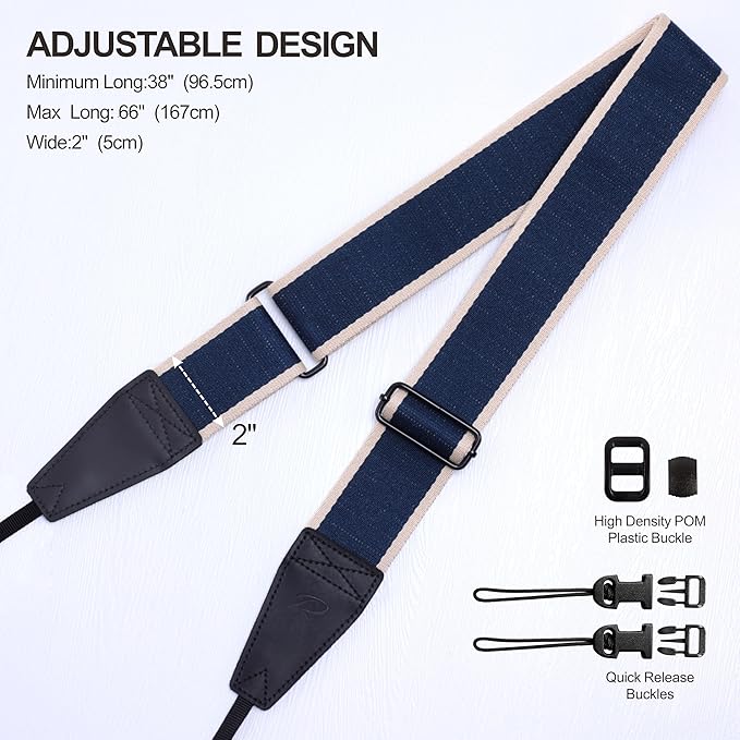 Padwa Lifestyle Adjustable Camera Strap - 2" Top Layer Cowhide Head Camera Straps for Photographers,Soft Cotton Crossbody Strap with Quick Release fits All Cameras - Blue Stripe