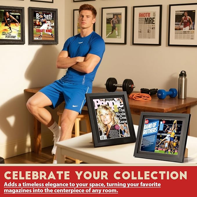 JupDec Sports Magazine Frame, Premium Wood Display Case for 8" x 10.5" Magazines, Wall Mount or Tabletop Stand, Layered Design with Positioning Mat, Perfect for Sports, Fashion & Home Decor