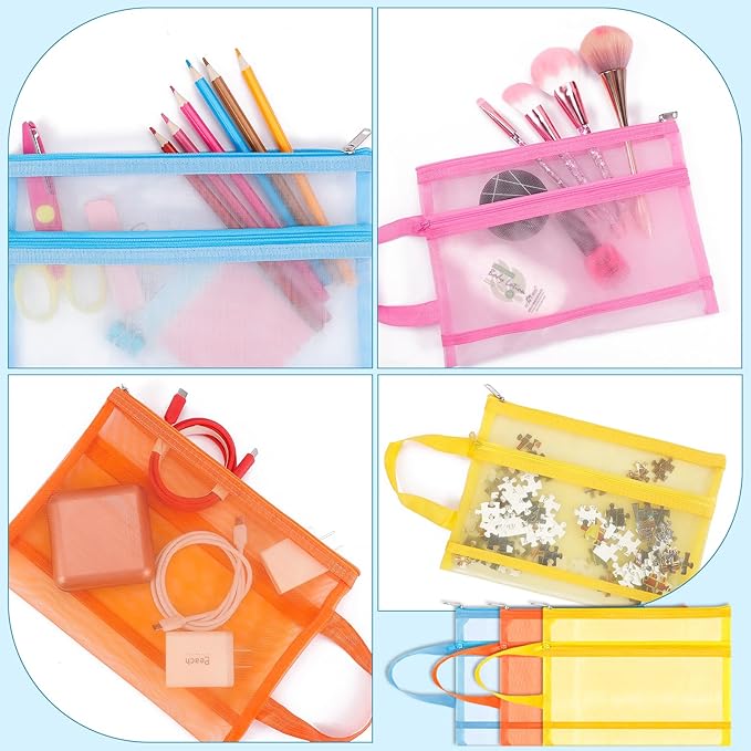 Fassave 6 Pack Mesh Zipper Pouch Bags, Double Layer Nylon Pouch with Handle for Office Travel Organization (Black, A5)