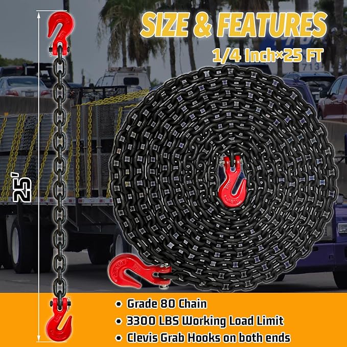 1/4" Tow Chain-G80 Binder Chain with G70 Clevis Grab Hook for Towing|25FT Transport Safety Chains Wll 3300 Lbs|Heavy Duty Chain for Trailer Truck Tie Down Binding Equipment(Oiled Black)