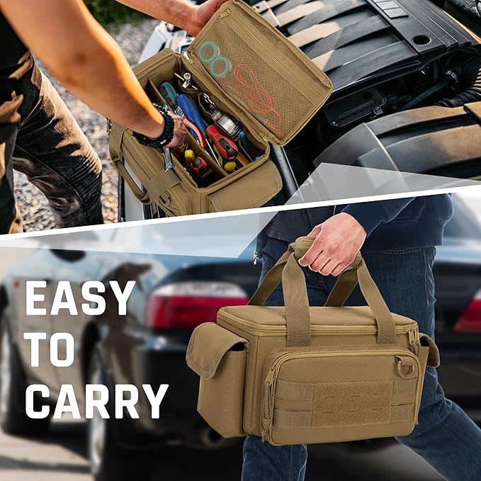 Small Tool Bag with Anti-friction and Thick Padded Bottom, Tool Storage Organizer for Men, Tactical Bag, Range Bag, Multi-functional Work Tote for Repairman, Electrician, Carpenters (Khaki)